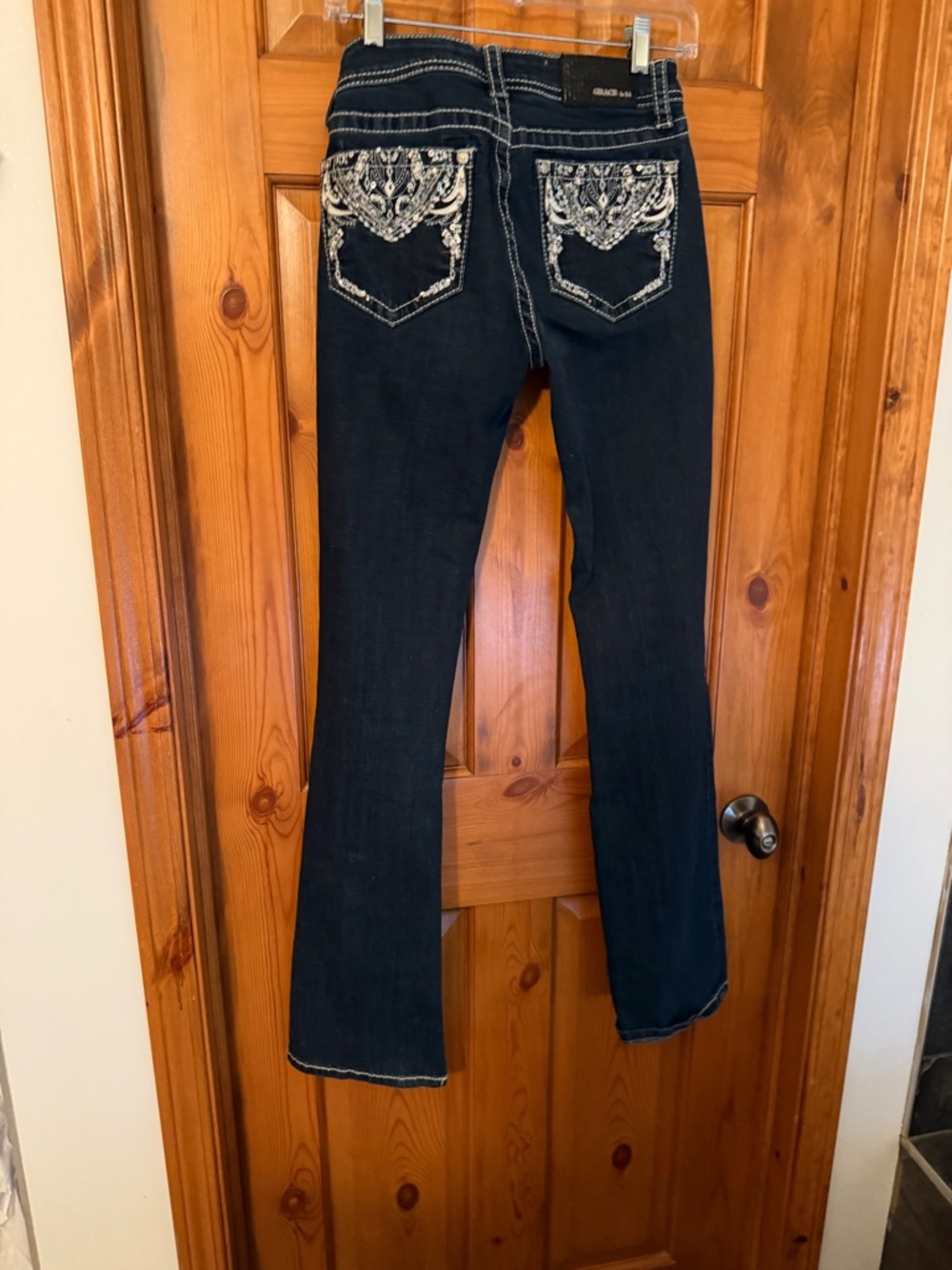 Grace Dark Blue Flare Jeans with Embroidered Pockets